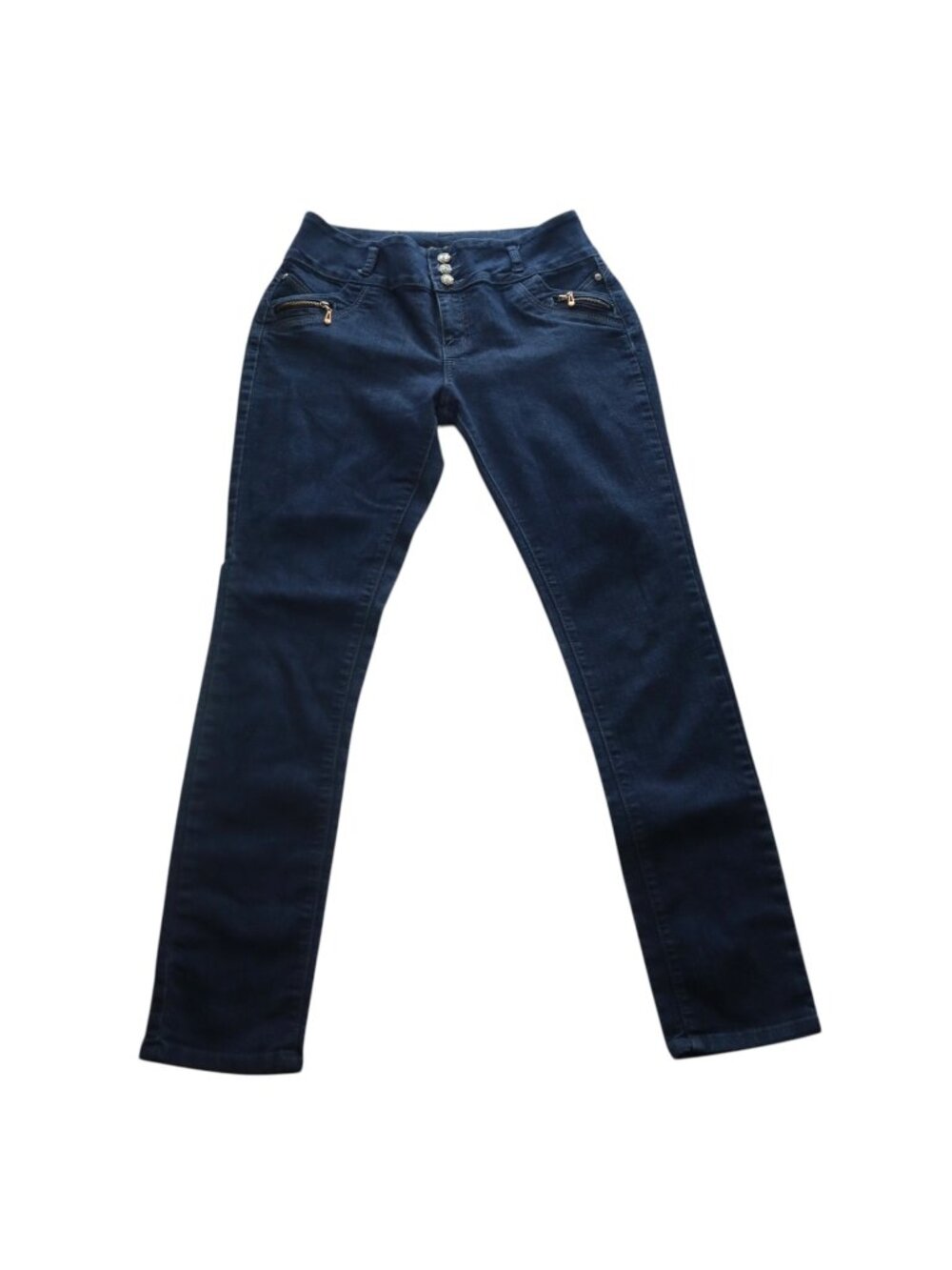 #908 Pasion Women's 15  Dark Blue Slim-Fit Denim Pants W/ Crystal Button Details